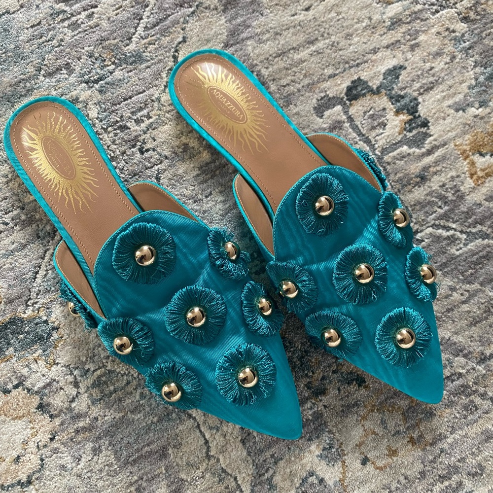 Aquazurra Sunflower studded fringed moire mule